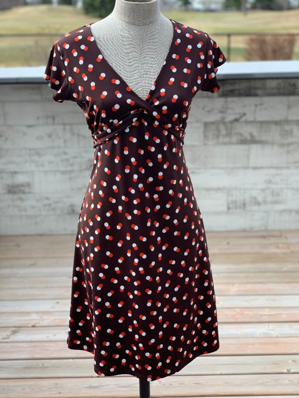 Vintage Miss B Polka Dot Dress Chocolate Brown V-Neck Flutter Sleeves Back Tie